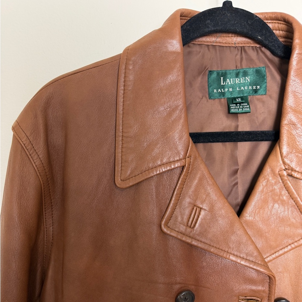 RARE ralph lauren 100% leather field coat workwear double breasted jacket sz 12 - Picture 4 of 10